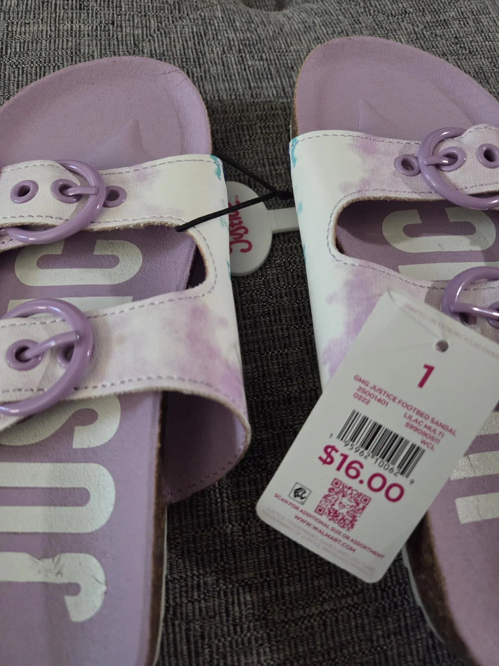 NWT Justice Little Girls Lavender Tie-Dye Double-Buckle Slide Sandals Size 1